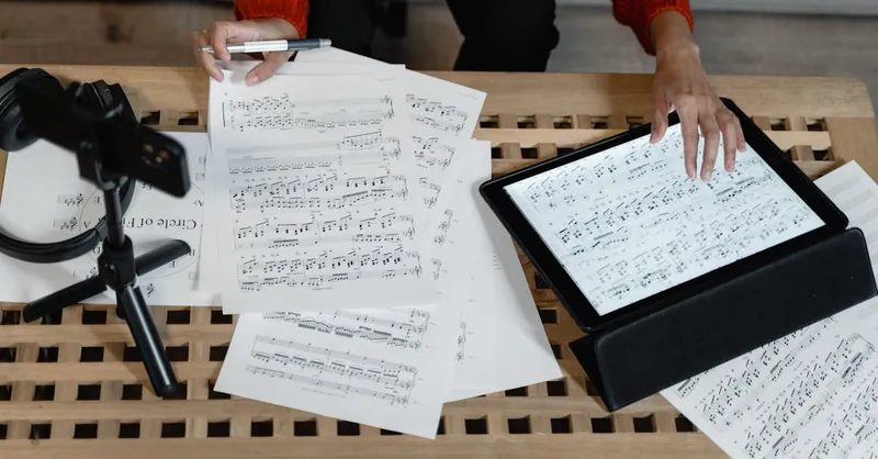 A musician analyzes sheet music on a tablet surrounded by paperwork. Ideal for music production themes.