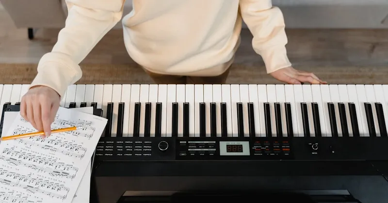 Person studying music with piano and sheets, focusing on practice.