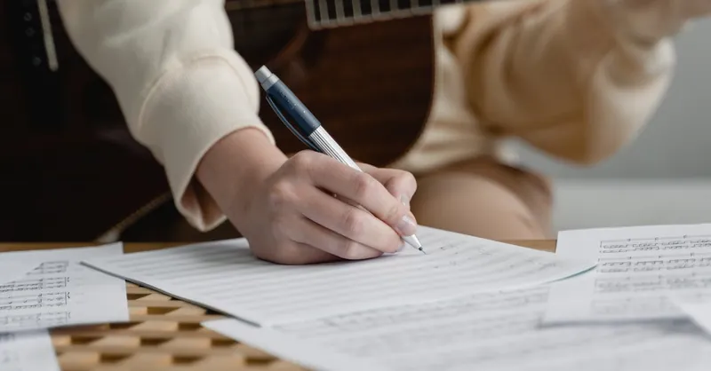 Person writing music on sheet paper with an acoustic guitar in a cozy home setting.