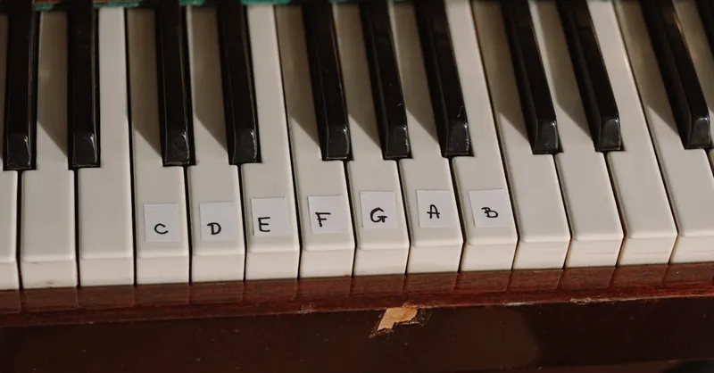 Detailed view of piano keys labeled with musical notes for educational purposes.