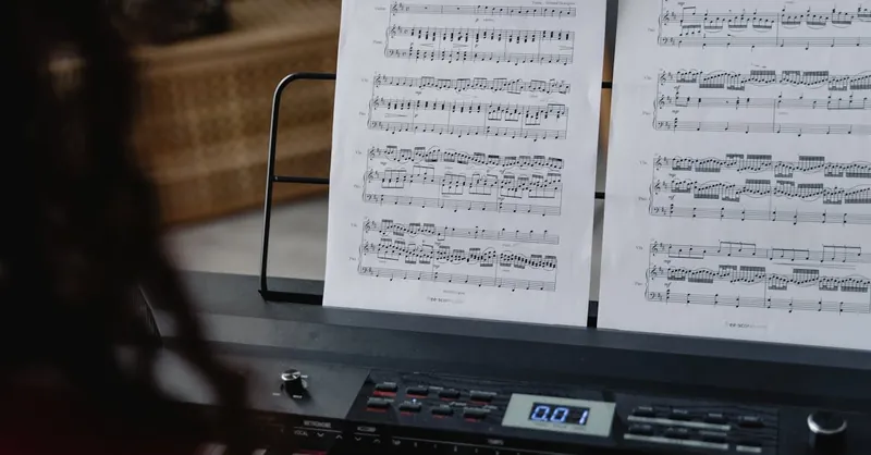 Close-up of a digital piano with sheet music on a stand, focused on keys and composition.